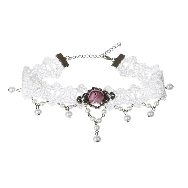 White Lace Necklace Chokers Black Collares Vintage Style Female Gothic Wedding Red Rose Crystal Diamond Pendant Collarbone Necklaces Chain Accessories for Women Girls