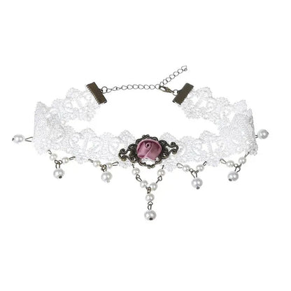 White Lace Necklace Chokers Black Collares Vintage Style Female Gothic Wedding Red Rose Crystal Diamond Pendant Collarbone Necklaces Chain Accessories for Women Girls