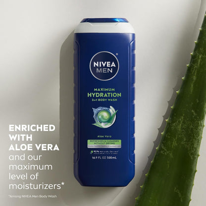 Maximum Hydration Body Wash for Dry Skin, Aloe Vera Enriched, 3-In-1 Moisturizing Body Wash, Face and Hair, Paraben Free, Vegan Formula, 16.9 Fl Oz Bottle, Pack of 3