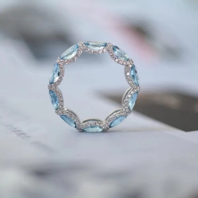 Women Exquisite 925 Sterling Silver Filled Aquamarine Sea Blue Diamonds Gemstone Princess Rings Jewelry