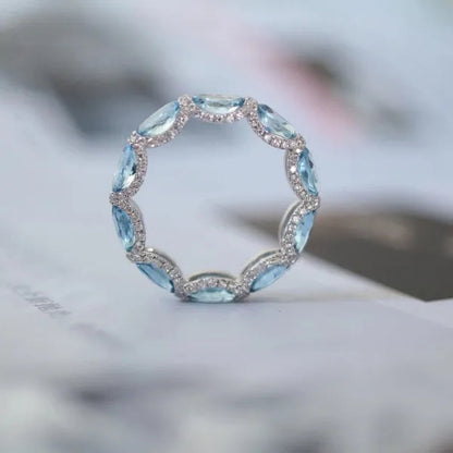 Women Exquisite 925 Sterling Silver Filled Aquamarine Sea Blue Diamonds Gemstone Princess Rings Jewelry