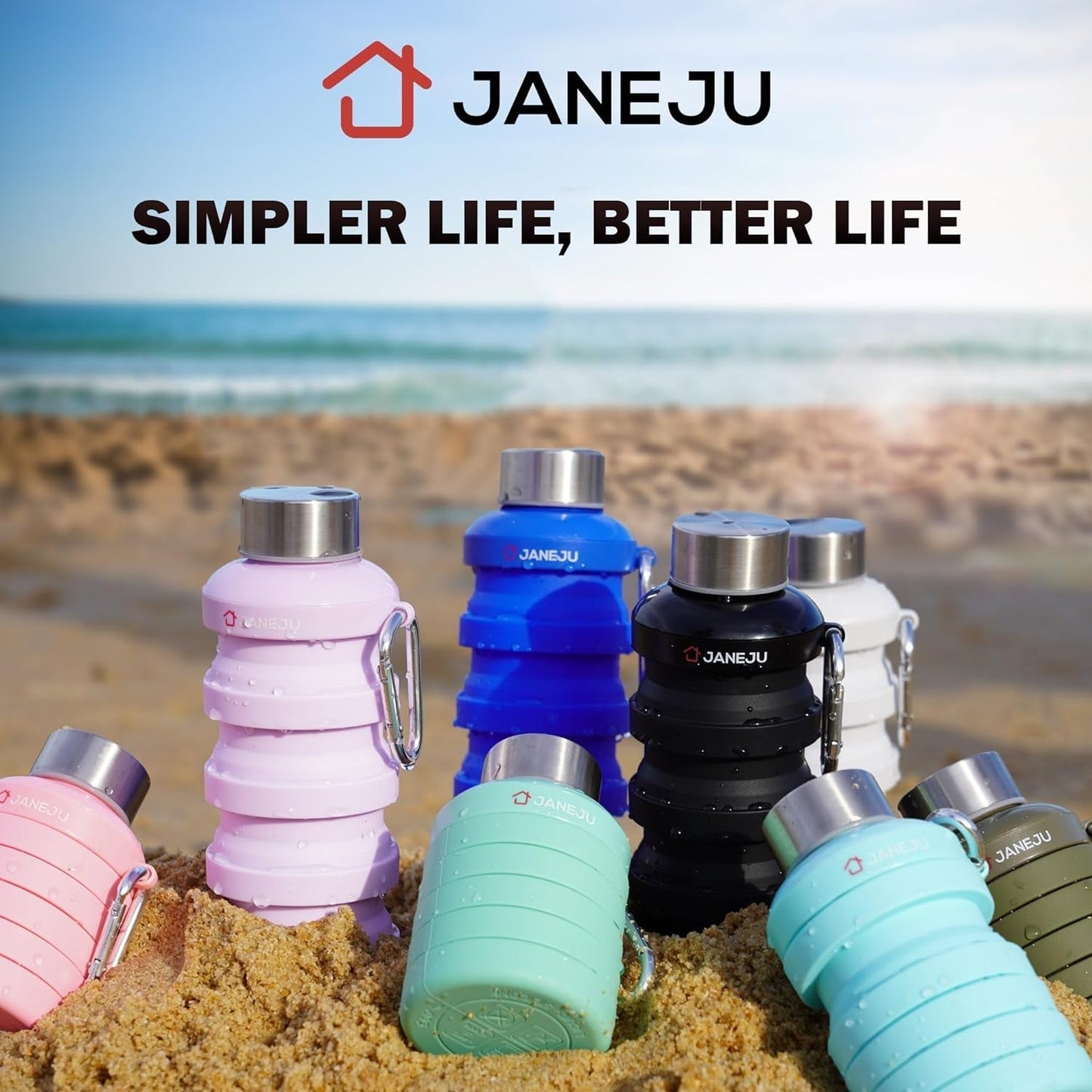 Janeju Collapsible Water Bottle, 17Oz BPA Free Silicone Reusable Portable Lightweight Foldable Water Bottles with Carabiner, Portable Leak Proof Sports Water Bottle (White)
