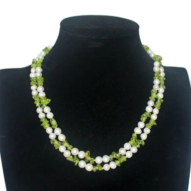 Handmade beautiful 2strands blue green stone peridot 7-8mm white freshwater cultured pearl necklace long 43-45cm