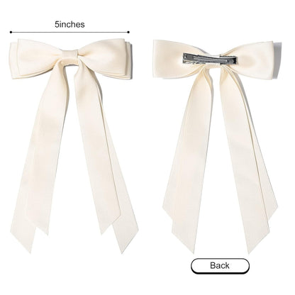 2PCS Silky Satin Hair Bows Hair Clip Beige Hair Ribbon Ponytail Holder Accessories Slides Metal Clips Hair Bow for Women Girls Toddlers Teens Kids