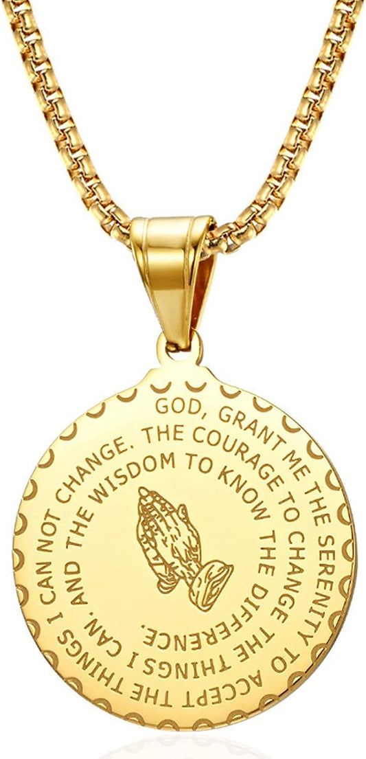 Serenity Prayer Necklace with Praying Hands Coin Pendant for Men Women Lords Prayer Bible Verse Courage Wisdom Stainless Steel 24 Inches - WORLD TIME VISITS