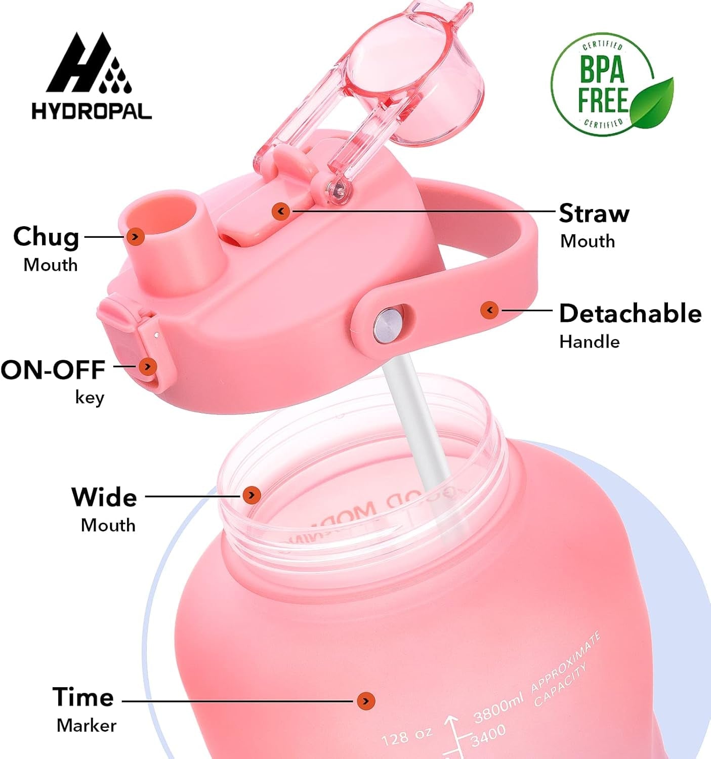 1 Gallon Water Bottles with Straw, 128 Oz / 3.8L Water Bottle BPA Free Innovative 2-IN-1 Lid Gym Bottle with Times to Drink Motivational, Large for Sports Fitness Camping Water Jug One Gallon