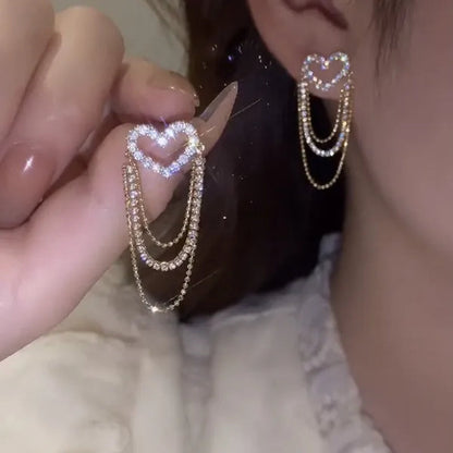Love Tassel Multi-Layer Chain Hot-Selling Earrings New Trendy Korean Heart-Shaped Rhinestone Earrings Party Jewelry Gifts