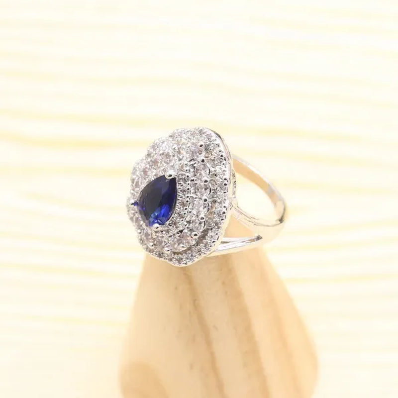 925 Silver Royal Blue Zirconia Wedding Jewelry Set For Women Heart Shape Necklace Pendant Ring Earrings Bracelet S Gift Box