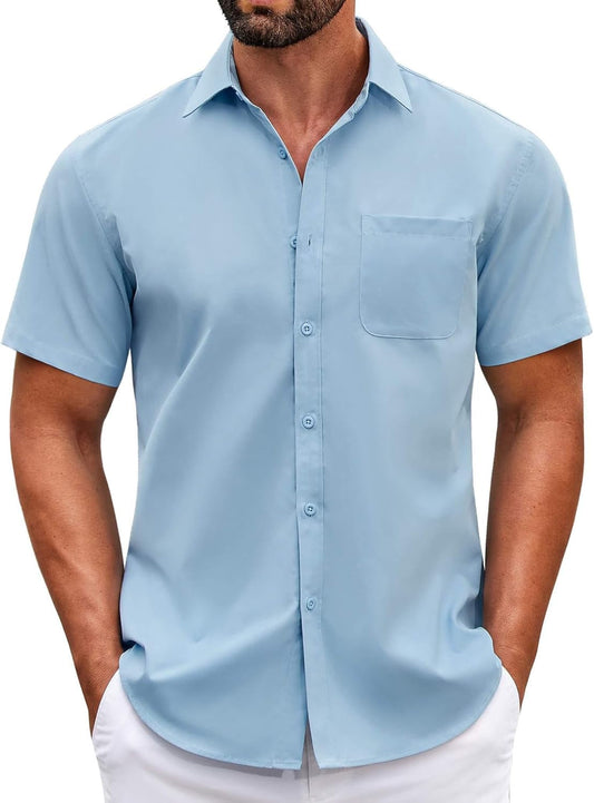 Mens Short Sleeve Casual Button down Shirts Summer Untucked Dress Shirts with Pocket