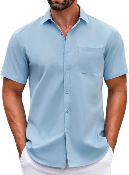 Mens Short Sleeve Casual Button down Shirts Summer Untucked Dress Shirts with Pocket
