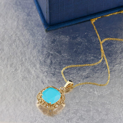 2.01 Ct Cushion Green Turquoise White Diamond 10K Yellow Gold Pendant with Chain