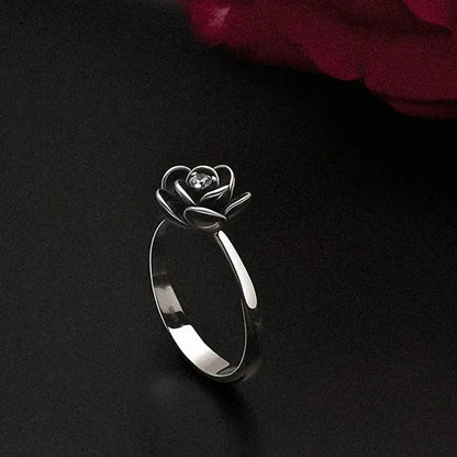 Simple Ladies Antique Silver Black Rose Flower Floral Ring for Women Female Wedding Engagement Party Jewelry Christmas Gift