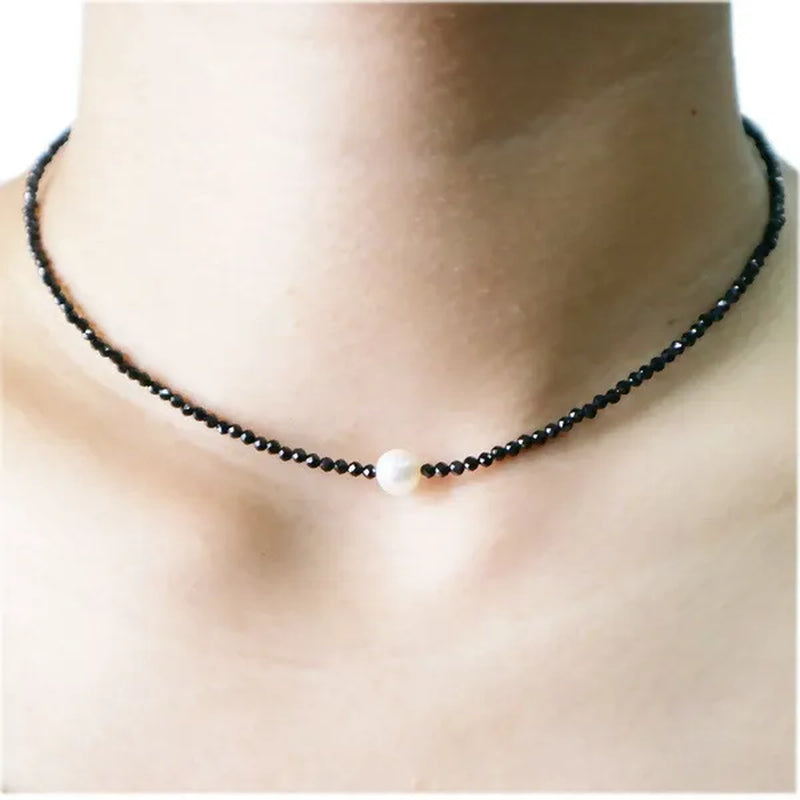 Real Black Spinel 2Mm&Freshwater Pearl Choker Necklace 925 Sterling Silver 17.5Inch