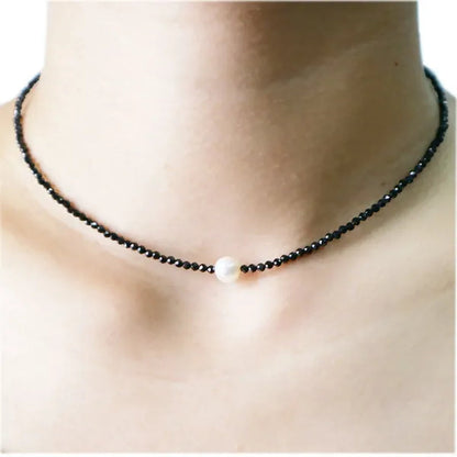 Real Black Spinel 2Mm&Freshwater Pearl Choker Necklace 925 Sterling Silver 17.5Inch