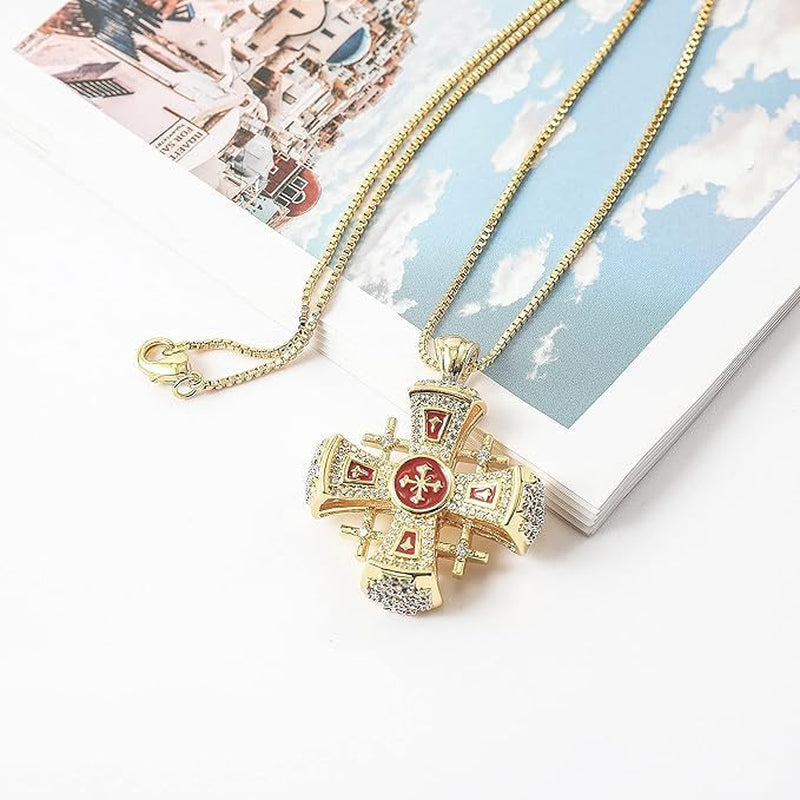 Crusaders Jerusalem Cross Pendant Necklace Gold Plating 18K Enamel Crystallized Stones 1.3"