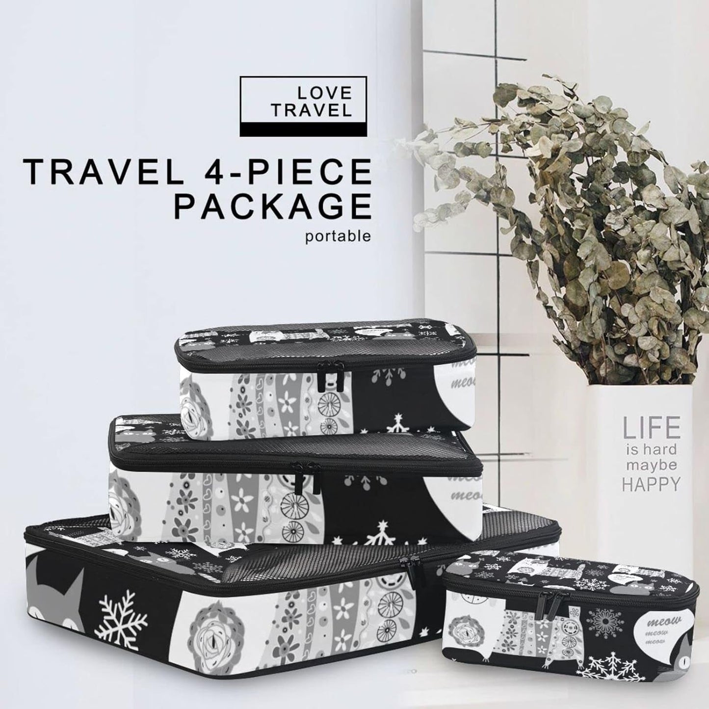 Seamless Retro Russian Cat Snowflakes on Black Happy New Year 4 Pcs Set Packing Bags, Luggage Organizer Bag, Portable Cube Toiletry Bag, Durable Travel Cosmetic Storage Bag for Men Women