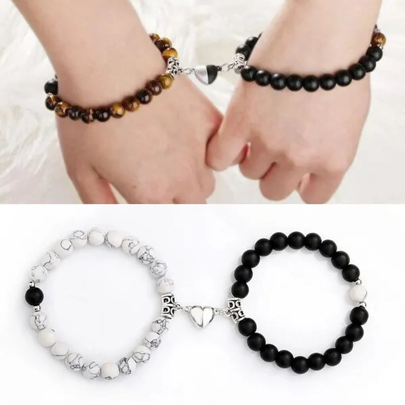 2pcs Delicate Women's White Turquoise Frosted Couple Bracelets Heart Shaped Beads Bracelets Hand Woven Adjustable Bracelets Women's Couple Jewelry Accessories Birthday Party Anniversary Gift
