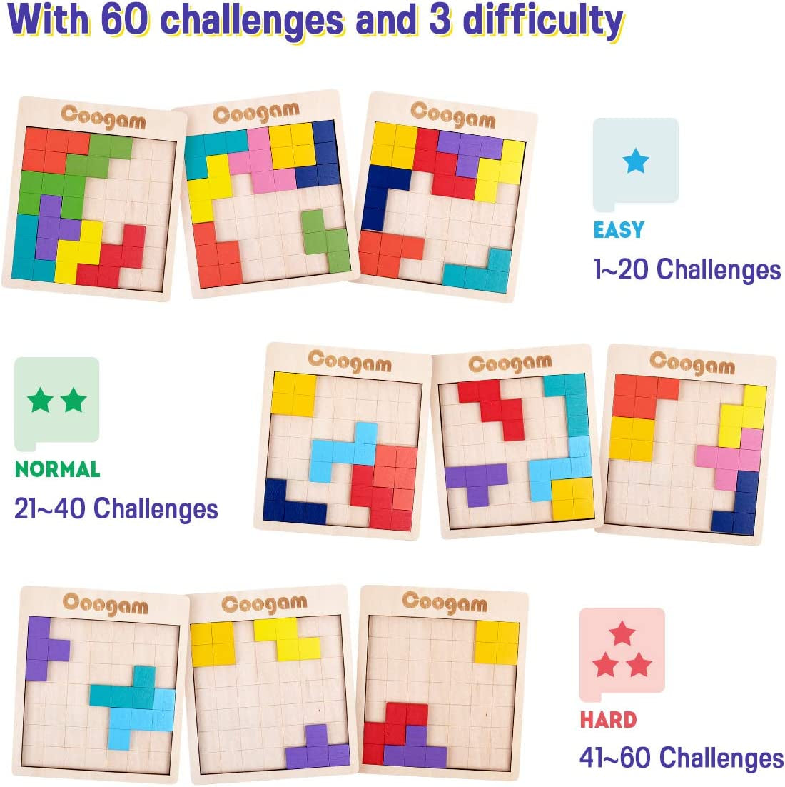 Wooden Puzzle Pattern Blocks Brain Teasers Game with 60 Challenges, 3D Russian Building Toy Wood Tangram Shape Jigsaw Puzzles Montessori STEM Educational Toys Gift for Kids Adults