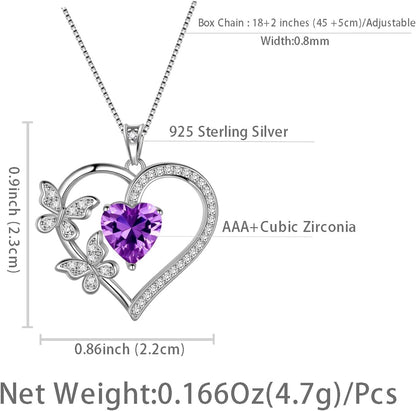 Heart Butterfly Pendant Necklace - 925 Sterling Silver Birthstone Heart Crystal Necklace Gifts for Women Jewelry Mothers Day Valentines Birthday Gifts for Girls