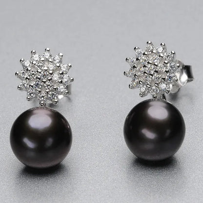 Real 925 Sterling Silver 7-8mm Black Freshwater Pearl Stud Earring Women Fashion Jewelry FEIGE