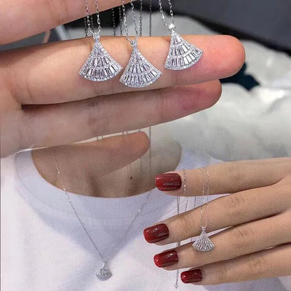 Trendy Silver Plated Pave Setting White Sapphire Lab Diamond Geometric Sector Pendant Necklace for Women Wedding Anniversary Gift