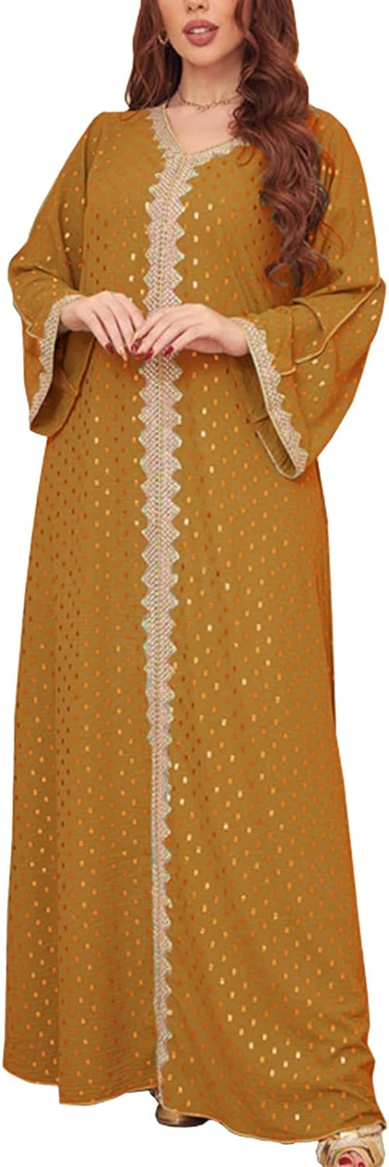 Women'S Muslim Abaya Dress V Neck Bronzing Long Sleeves Elegant Prayer Wear Daily Casual Dress