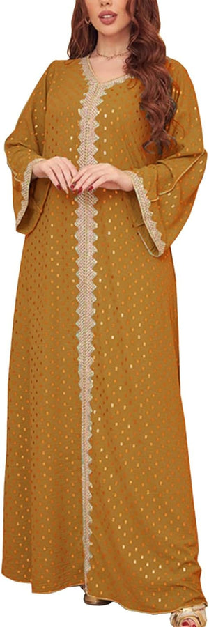 Women'S Muslim Abaya Dress V Neck Bronzing Long Sleeves Elegant Prayer Wear Daily Casual Dress