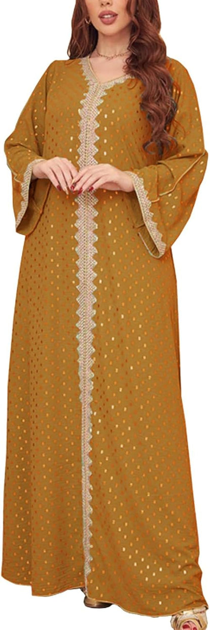 Women'S Muslim Abaya Dress V Neck Bronzing Long Sleeves Elegant Prayer Wear Daily Casual Dress