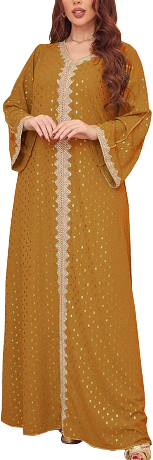 Women'S Muslim Abaya Dress V Neck Bronzing Long Sleeves Elegant Prayer Wear Daily Casual Dress