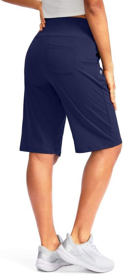 Women'S 12" Bermuda Long Shorts with Pockets High Waisted Stretch Knee Length Shorts for Women Summer Walking - WORLD TIME VISITS