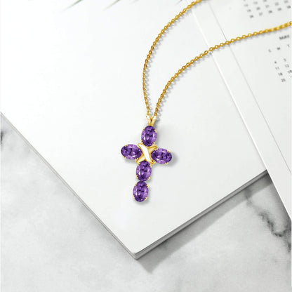 Gemstone Birthstone Cross Necklace | 18K Yellow Gold Plated Silver | Christian Gifts | Oval 6X4MM | Jesus Christian Religious Crucifix Pendant Necklace for Women | 18 Inch Silver Chain