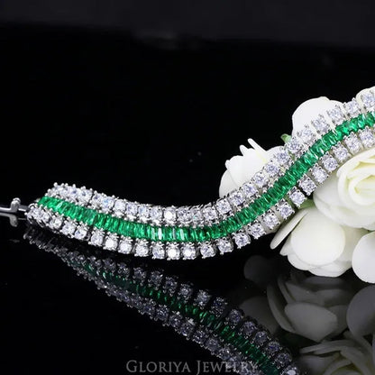 Gloriya Excellent Quality round and Square CZ Zirconia Big Wide Bracelets for Women White and Green 2 Color Bracelets & Bangles