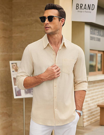 Men'S Long Sleeve Buttons down Shirts Casual Button up Shirts Beach Linen Shirt Untucked Dress Shirt Khaki