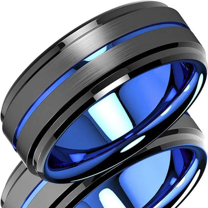 8mm Blue Black Brushed Tungsten Carbide Ring with Ladder Edge Blue Groove Design Comfort Fit Wedding Band Ring Men Jewelry Delicate Style Gift