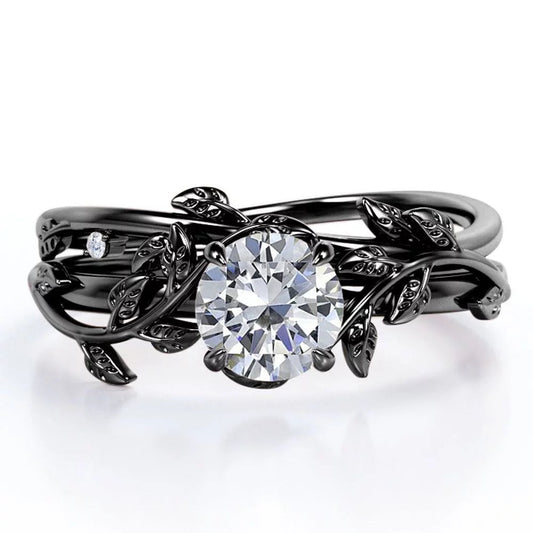 Half Carat round Real Diamond Bridal Set - Leaf and Vine Diamond Wedding Ring Set - 10K Black Gold