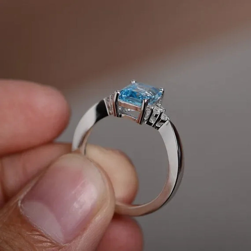 Junxin 925 Sterling Silver Rainbow Topaz Aquamarine Blue Sapphire Wedding Ring Women Fashion Jewelry Size 6 7 8 9 10