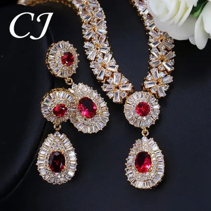 CANDICE African Gold Plating Hand-Inlay CZ Pendant Necklace and Earrings Gorgeous Dubai Women Wedding Party Tear Drop Jewelry Set with Red Crystal