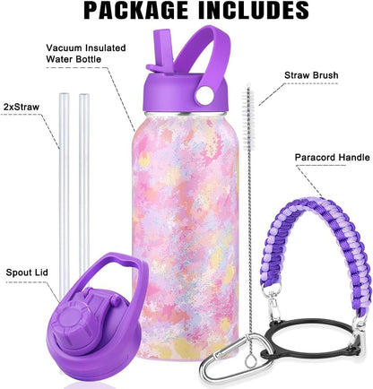 Personalized Insulated Water Bottle with Paracord Handle Straw Lid & Spout Lid, Vacuum Stainless Steel Wide Mouth Water Bottle for Adults 24 Oz, 32 Oz, 40 Oz - WORLD TIME VISITS
