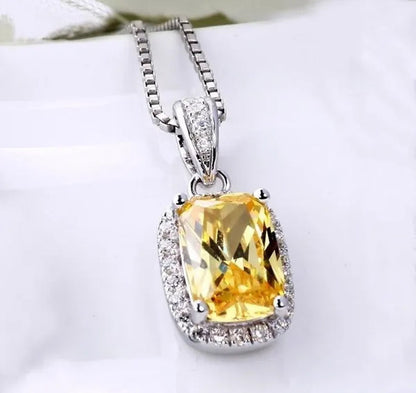 18K White Gold GP AAA CZ Zircon Citrine Pendant Necklace Earrings Princess Cut Drop Earring Jewellery Set