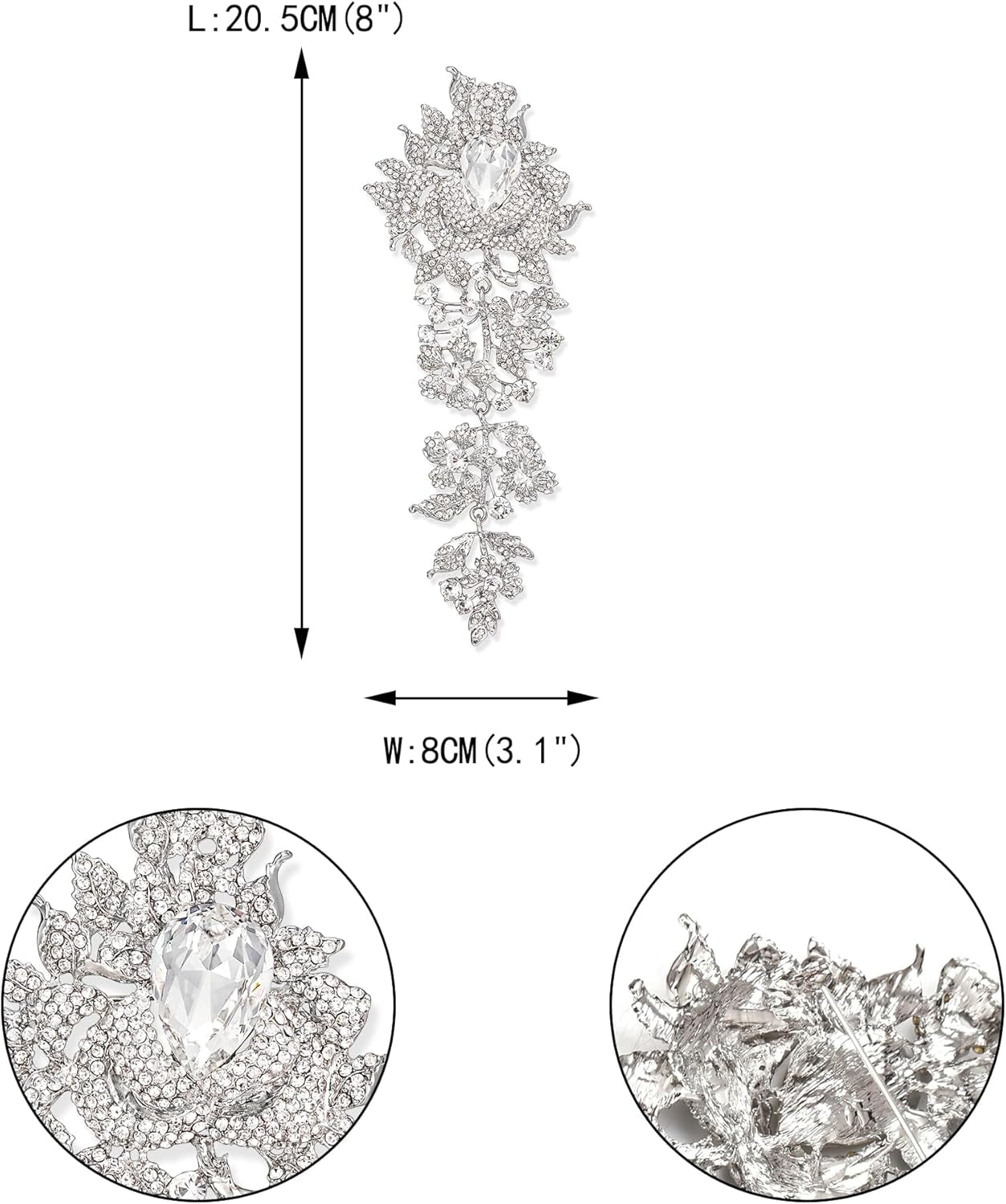 Rhinestone Crystal 8 Inch Elegant Bridal Rose Flower Bud Brooch Clear Silver-Tone