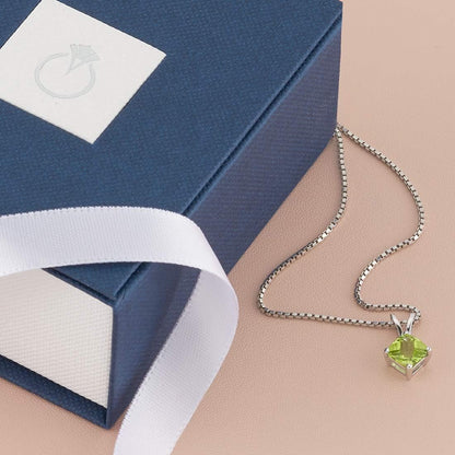 Solid 14K White Gold Peridot Pendant for Women, Genuine Gemstone Birthstone Classic Solitaire, Cushion Cut, 6Mm, 1 Carat Total