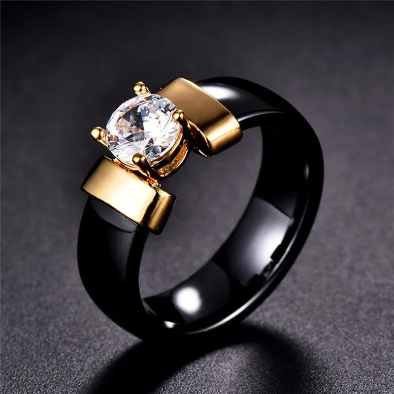 Fashion Male And Female Anti Allergy Black White Ceramic Ring Silver Gold Color  Diamond Solitare Ring Wedding Rings For Couple
