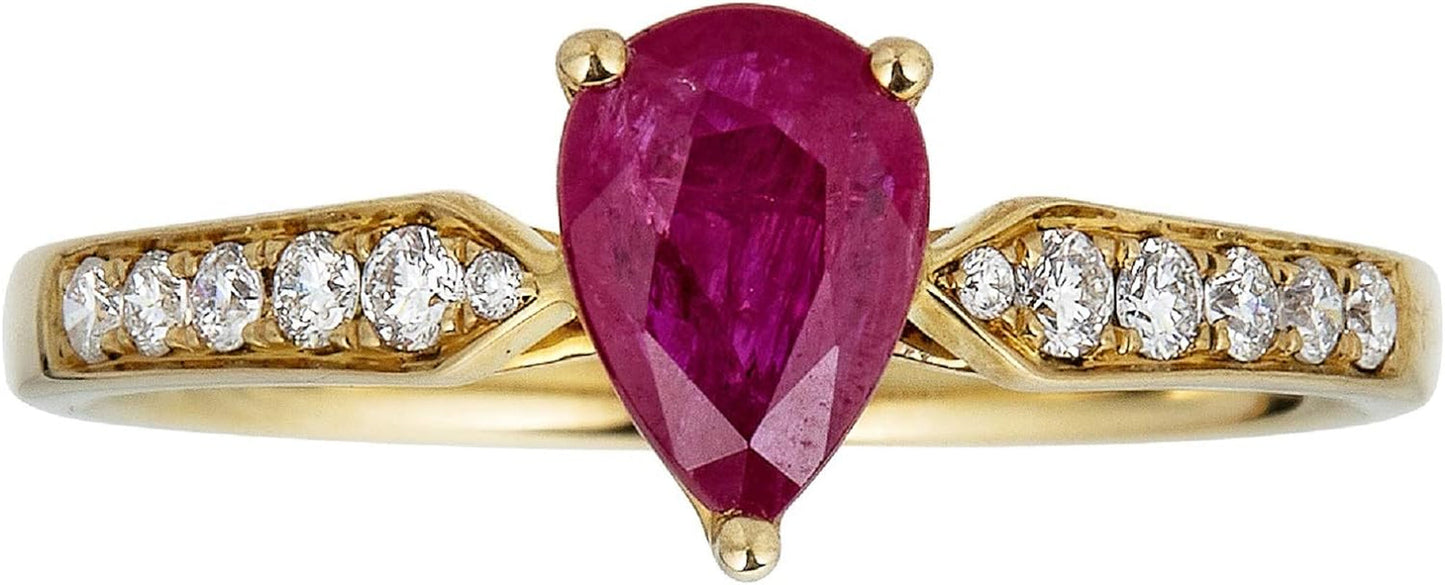 Gin and Grace 10K Yellow Gold Mozambique Band Style Genuine Ruby Ring with Diamonds for Women | Ethically, Authentically & Organically Sourced (Pear-Cut) Shaped Ruby Hand-Crafted Jewelry for Her | Ruby Ring for Women