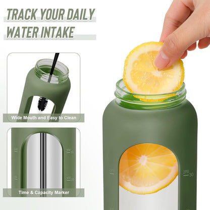 32 Oz Glass Water Bottles - 1 Liter Motivational Tumbler with Time Marker - Borosilicate Glass with Silicone Sleeve and 2 Lids, Handle Spout & Bamboo Straw Lid