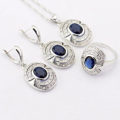 Blue Zircon White Zircon Silver Jewelry Sets for Women Silver Necklace and Pendant Rings Drop Earrings