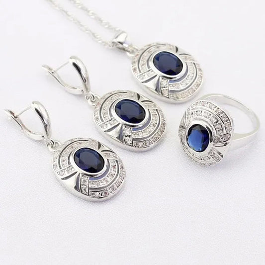 Blue Zircon White Zircon Silver Jewelry Sets for Women Silver Necklace and Pendant Rings Drop Earrings
