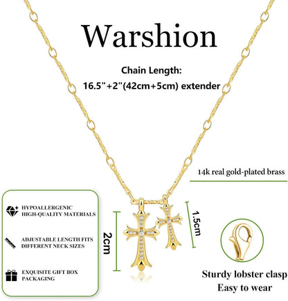 Cross Necklace 14K Gold/Silver Plated Double Cross Pendant Necklace Dainty Diamond Cross Charm Link Chain Choker Delicate Faith Jewelry Religious Gifts for Women