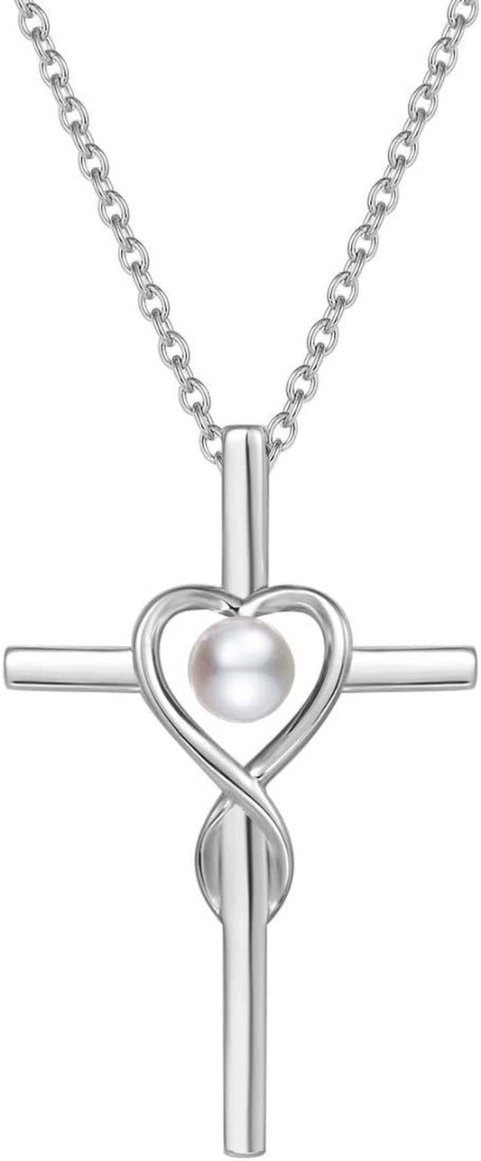Birthstone Cross Necklace for Women Birthstone Necklace Heart Infinity Cross Pendant Necklace Fine Jewelry Christmas Valentines Day Gifts Birthday Holiday Gifts for Her, 16"+2" Inches