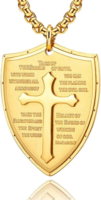 Armor of God Cross Pendant Necklace, Shield of Faith, Ephesians 6:16-17, Religious Amulet, Knights Templar Crusader, Stainless Steel 24" Chain