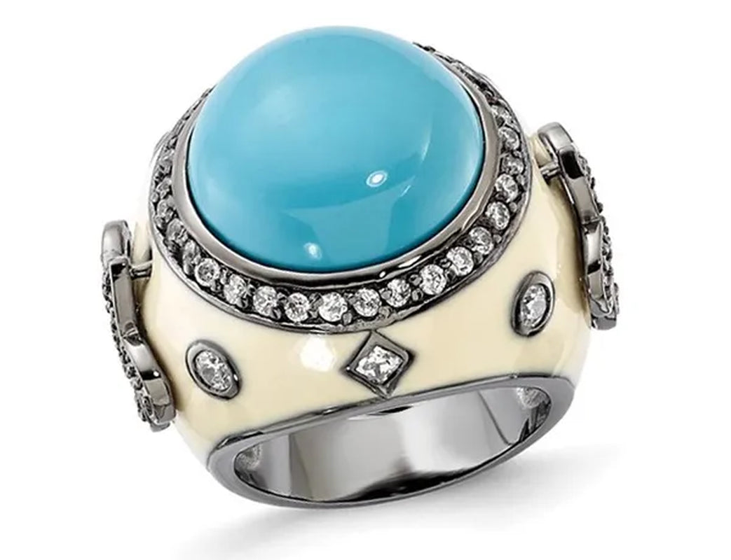 Sterling Silver Synthetic Turquoise Cocktail Fleur-De-Lys Ring with Synthetic Cubic Zirconia (CZ) (CZ) in Sterling Silv